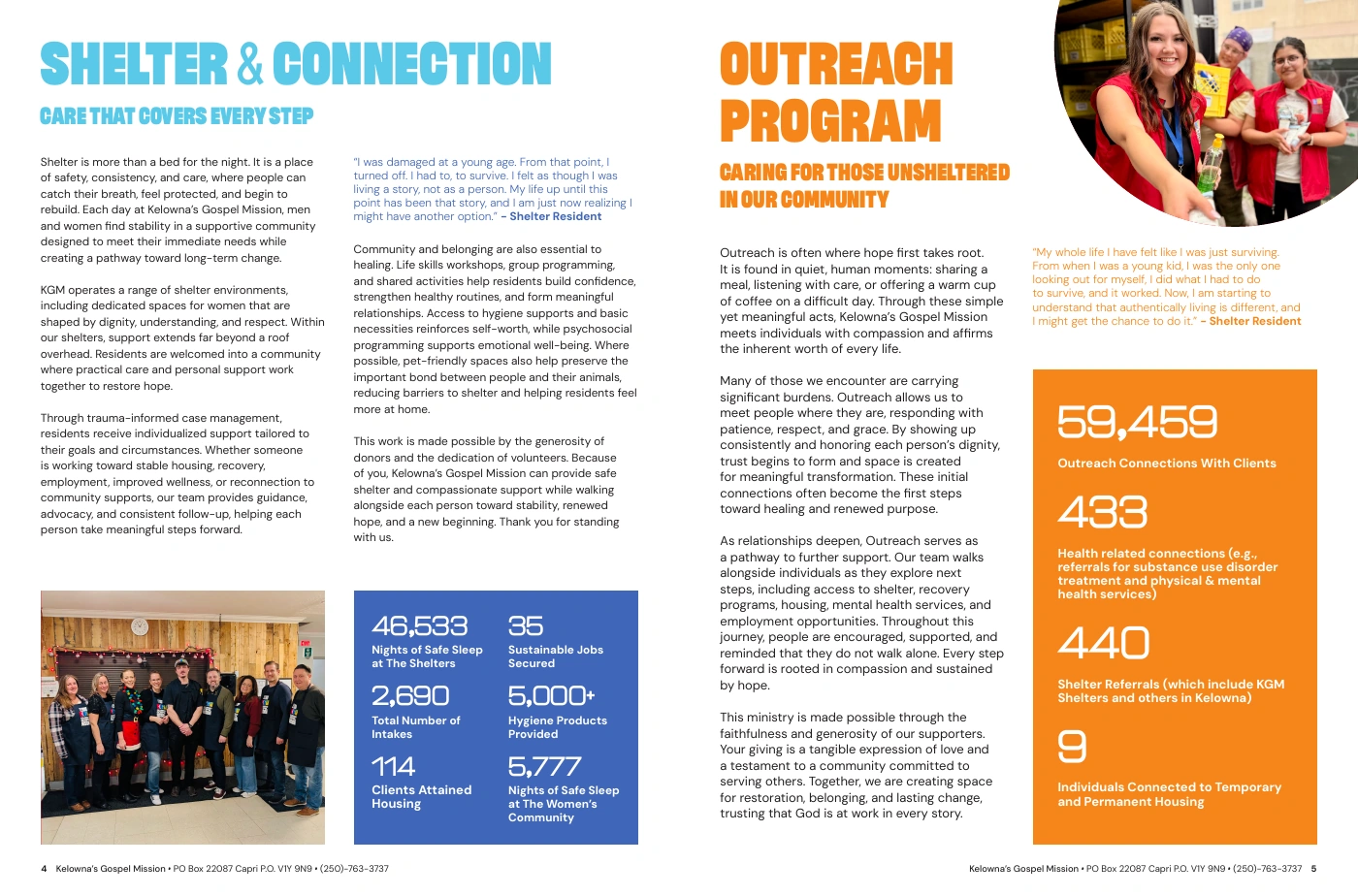 An annual report spread with shelter and outreach stories and program statistics.